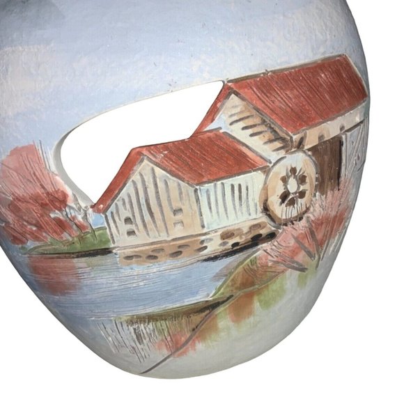 Clay Vase/ Planter with Country Barn Farm Scene - Picture 2 of 8